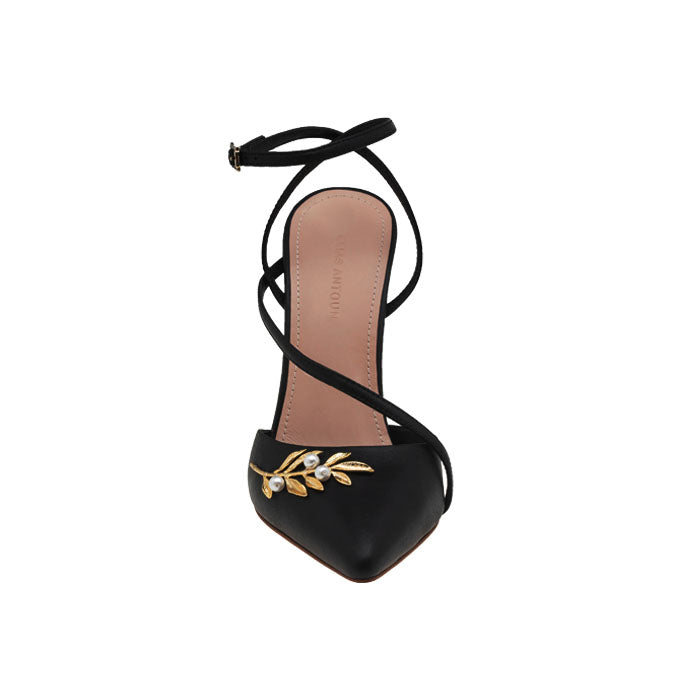 9 cm Black Italian leather pumps featuring decorative gold plated brass, pear Swarovski buckle, elasticated slingback ankle strap.