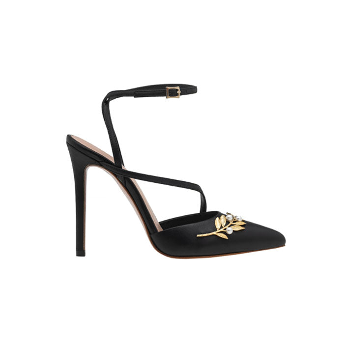 9 cm Black Italian leather pumps featuring decorative gold plated brass, pear Swarovski buckle, elasticated slingback ankle strap.