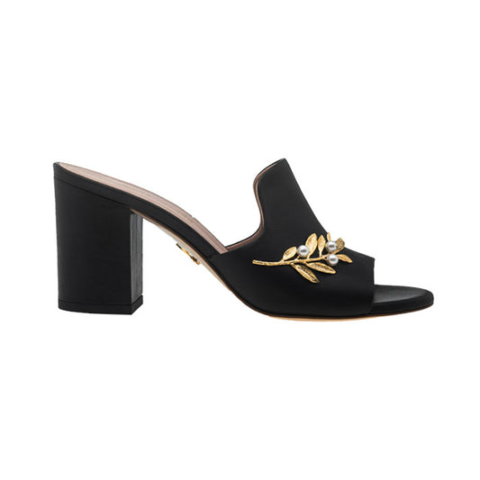 5 cm black Italian leather open toes mules with Gold Plated Brass, Pearl Swarovski ornament.