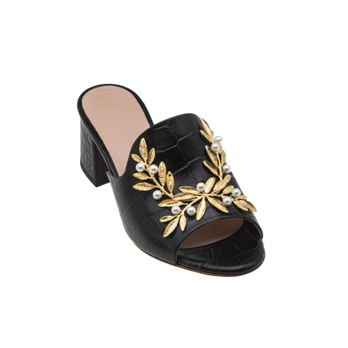 5 cm black Italian crocodile leather open toe mules with Gold Plated Brass, Pearl Swarovski ornament.