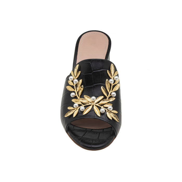 5 cm black Italian crocodile leather open toe mules with Gold Plated Brass, Pearl Swarovski ornament.