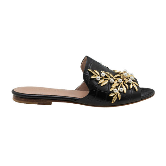 Black Crocodile print leather flat mules featuring open toe design with Gold Plated Brass, Pearl Swarovski ornament.