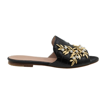 Black Crocodile print leather flat mules featuring open toe design with Gold Plated Brass, Pearl Swarovski ornament.