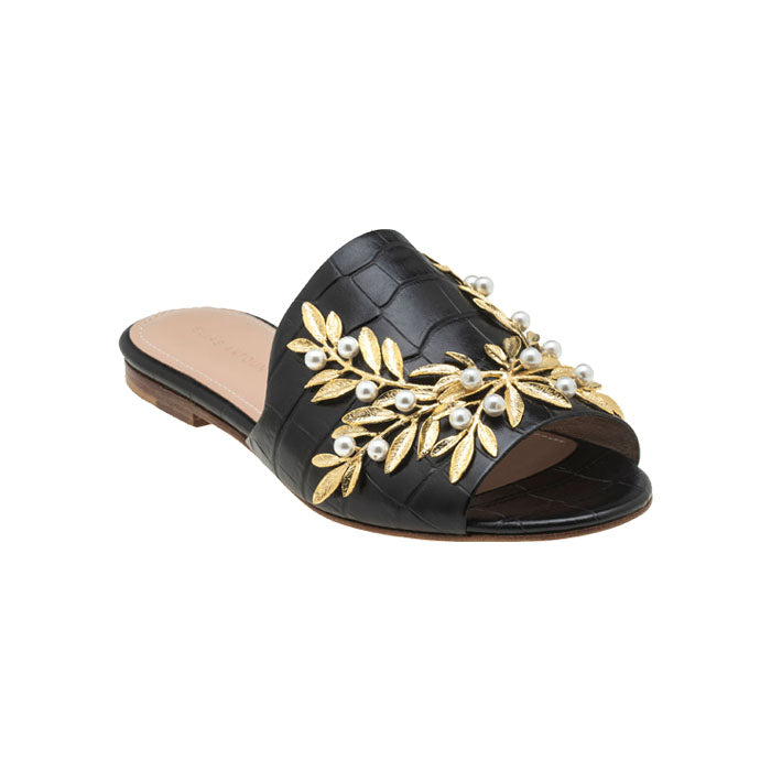 Black Crocodile print leather flat mules featuring open toe design with Gold Plated Brass, Pearl Swarovski ornament.