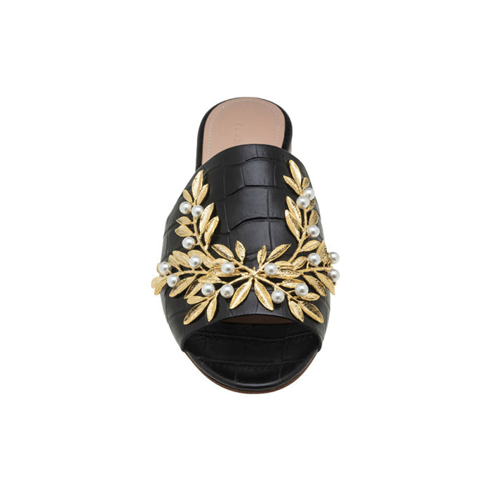 Black Crocodile print leather flat mules featuring open toe design with Gold Plated Brass, Pearl Swarovski ornament.