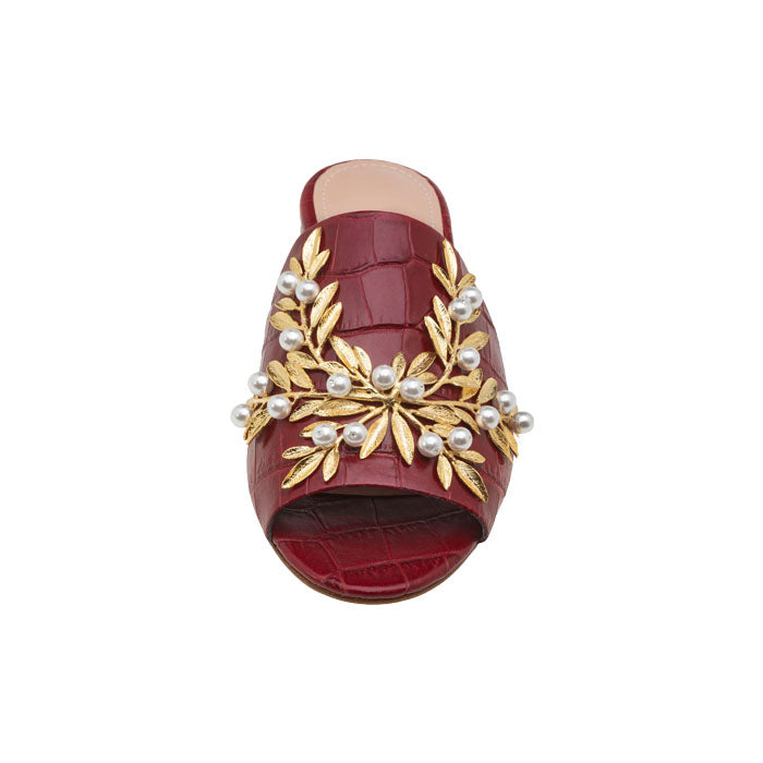 Red Crocodile print leather flat mules featuring open toe design with Gold Plated Brass, Pearl Swarovski ornament.