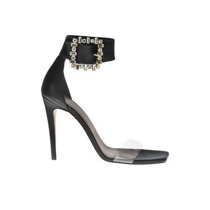 10.5 Black Italian leather open toe sandals with adjustable ankle strap with Customized Handmade Swarovski Buckle