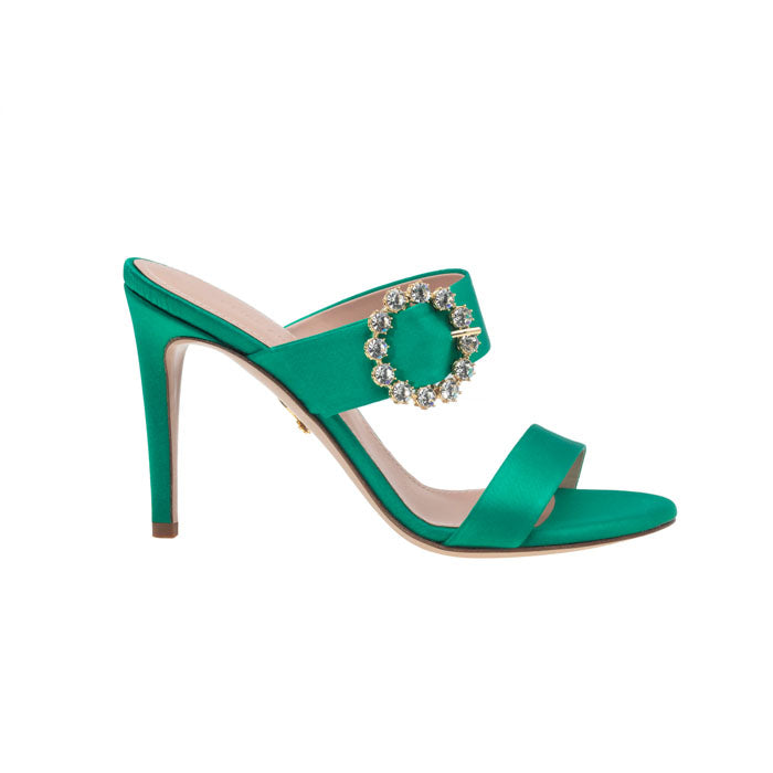 9 cm Green Italian leather open toe mules featuring two front straps with Customized Handmade Swarovski Buckle.