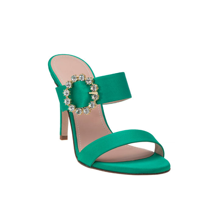 9 cm Green Italian leather open toe mules featuring two front straps with Customized Handmade Swarovski Buckle.