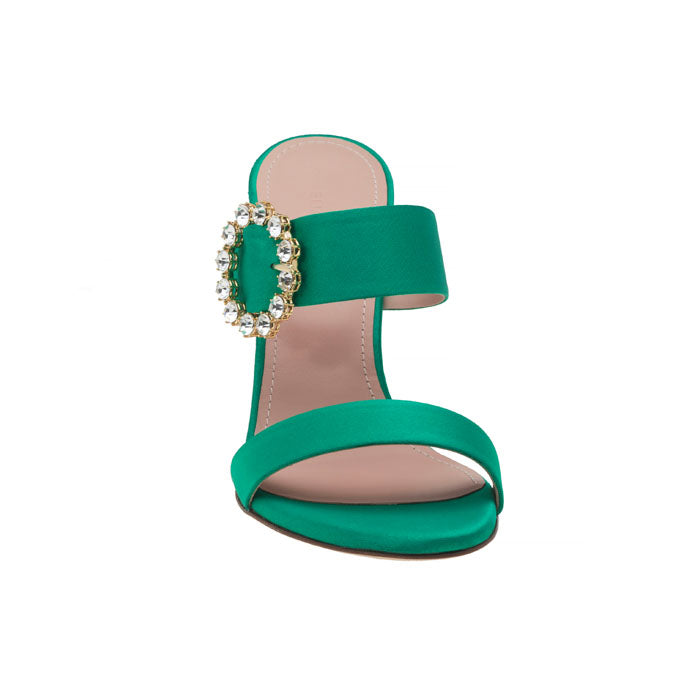 9 cm Green Italian leather open toe mules featuring two front straps with Customized Handmade Swarovski Buckle.