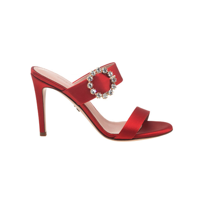 9 cm red Italian leather open toe mules featuring two front straps with Customized Handmade Swarovski Buckle.