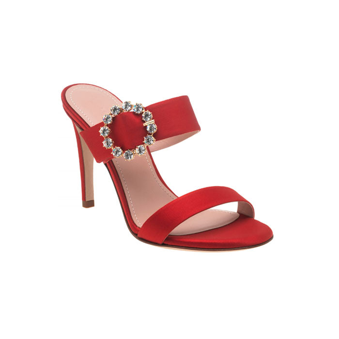 9 cm red Italian leather open toe mules featuring two front straps with Customized Handmade Swarovski Buckle.