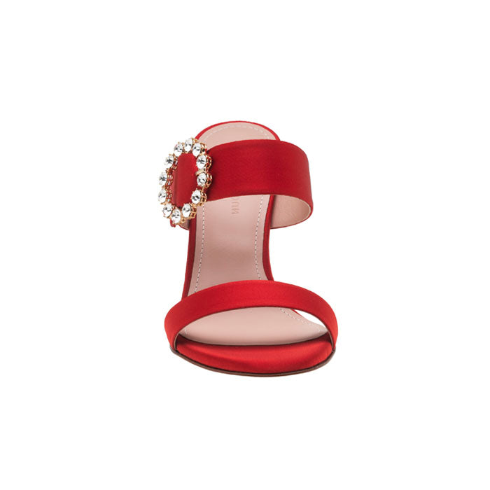 9 cm red Italian leather open toe mules featuring two front straps with Customized Handmade Swarovski Buckle.