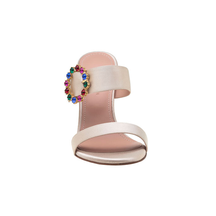 9 cm off-white Italian leather open toe mules featuring two front straps with Customized Handmade colored Swarovski Buckle.